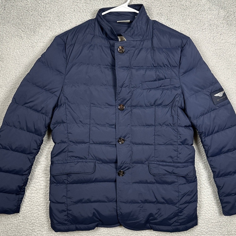 Bentley Men Medium Jacket Down Puffer Navy Blue Lightweight Pocket Button Up EUC